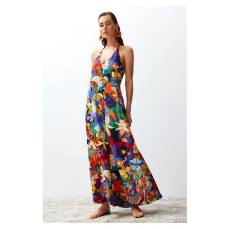 Trendyol Floral Patterned Maxi Woven Back Low-cut Beach Dress