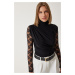 Happiness İstanbul Women's Black Lace Sleeve Gathered Knitted Blouse