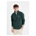 DEFACTO Men's Green Comfort Regular Fit Relaxed Fit Zippered Stand Collar Text Printed Sweatshir