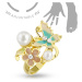 Nastaviteľný prsteň na ruku alebo nohu zlatej farby, motýľ, kvet a perličky