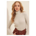 Trend Alaçatı Stili Women's Light Beige Turtleneck Ribbed Knitwear Sweater