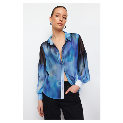 Trendyol Blue Balloon Sleeve Patterned Chiffon Fabric Oversize Wide Fit Woven Shirt