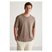 GRIMELANGE Davinson Men's Open Collar Oversize Fit 100% Cotton Brown T-shir