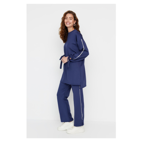 Trendyol Navy Blue Sleeve Detailed Striped Scuba Knitted Tracksuit Set