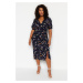 Trendyol Curve Navy Blue Floral Knitted Dress With Double Breasted Collar