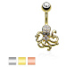Oceľový piercing do bruška - chobotnička, číre a čierne zirkóniky - Farba piercing: Zlatá