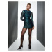 Koton Tulle Detailed Shiny Mini Pencil Dress Draped Long Sleeve Lined