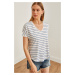 Olalook Women's Indigo V-Neck Striped Filthy Stitching Casual T-Shirt