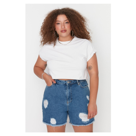 Trendyol Curve Dark Blue High Waist Destroyed Denim Shorts & Bermuda