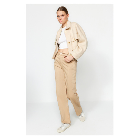 Trendyol Beige Stitch Detail Satin High Waist Wide Leg Jeans