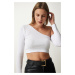 Happiness İstanbul Women's White Single Sleeve Ribbed Crop Knitted Blouse