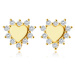 Zlaté 14K náušnice - malé srdiečko lemované lupeňmi kvetov, vykladané čírymi zirkónmi