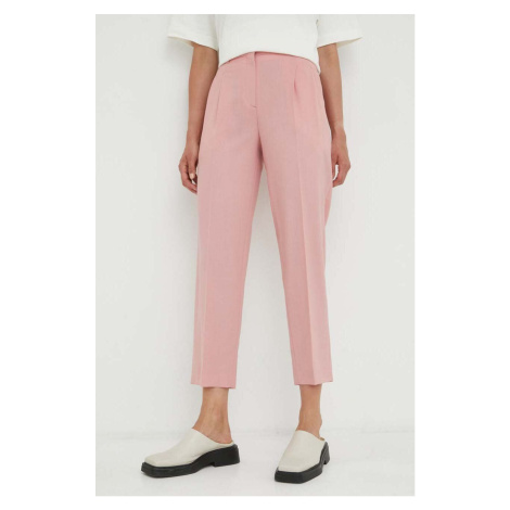 Vlnené nohavice PS Paul Smith ružová farba, cigaretový strih, vysoký pás