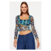 Trendyol Blue Patterned Fitted Crop Tulle Stretch Knitted Blouse