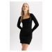 DEFACTO Cool Slim Fit Square Neck Knitwear Long Sleeve Mini Dress