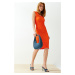 Trendyol Orange Fitted Moon Sleeve Mini Textured Stretchy Knitted Mini Pencil Dress