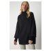 Happiness İstanbul Women's Black Stand-Up Collar Oversize Basic Knitwear Sweater