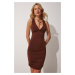 Happiness İstanbul Women's Brown Gathered Fitted Sandy Knitted Dress