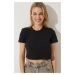 Happiness İstanbul Women's Black Crew Neck Basic Crop Knitted T-Shirt