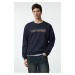 Trendyol Navy Blue Oversize/Wide Cut Text Printed Crew Neck Sweatshirt with Fleece Inside