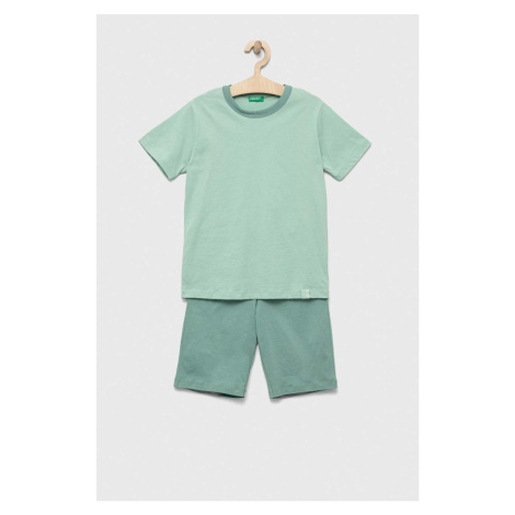 Detské bavlnené pyžamo United Colors of Benetton zelená farba, jednofarebná