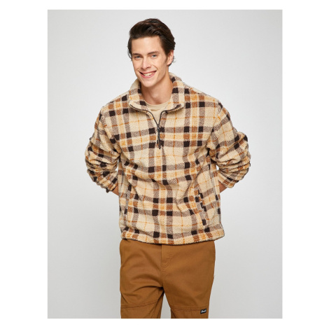 Koton Checked Sweatshirt Stand-Up Collar Half-Zip Pocket Detailed.