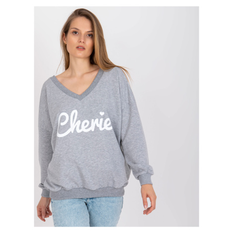 Gray-white oversized sweatshirt with print and V-neck