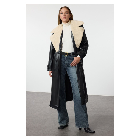 Trendyol Black Oversize Plush Collar Detailed Faux Leather Trench Coat