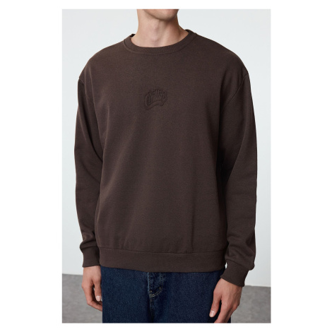 Trendyol Dark Brown Oversize/Wide Cut Embossed Text Printed Sweatshirt