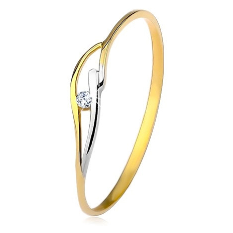 Prsteň zo žltého a bieleho 9K zlata, tenké ramená a vlnky, číry zirkón - Veľkosť: 64 mm
