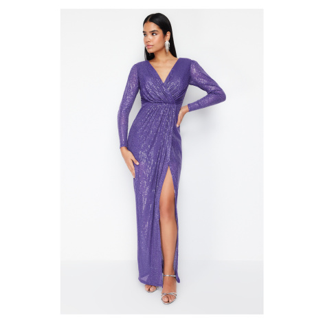 Trendyol Purple Sequined Long Woven Elegant Evening Dress