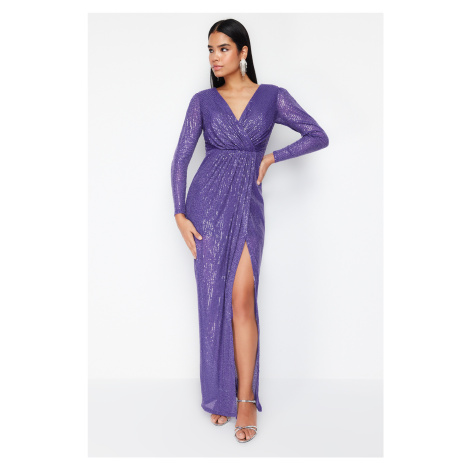 Trendyol Purple Woven Sequin Long Elegant Evening Dress