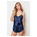 Trendyol Navy Blue Lace Detailed Rope Strap Satin Woven Pajama Set