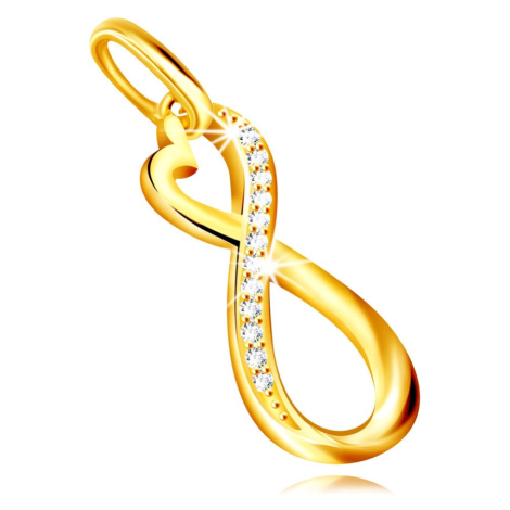 Zlatý prívesok 585 - asymetrický symbol INFINITY, okrúhle zirkóniky v čírom odtieni