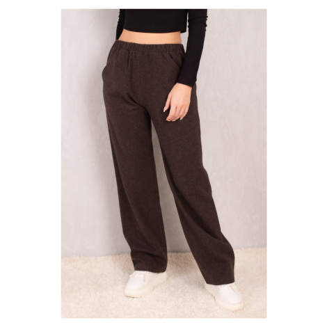 armonika Women's Brown Waist Elastic Pocket Pocket Wide Leg Trousers