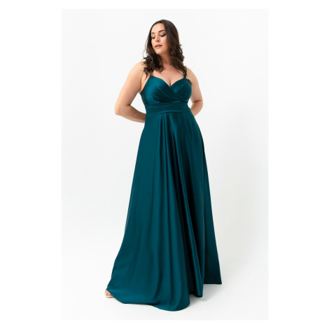 Lafaba Women's Petrol Plus Size Satin Long Evening Dress & Prom Dress with Rope Straps