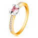 Zlatý 14K prsteň - trblietavé ramená, okrúhly ružový zirkón v kotlíku z bieleho zlata - Veľkosť: