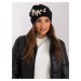 Black and beige knitted beanie with appliqué and rhinestones