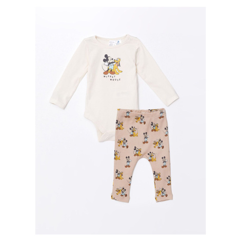 LC Waikiki Lcw Crew Neck Long Sleeve Mickey Mouse Printed Baby Boy Snap Bodysuit and Tights 2-Pi