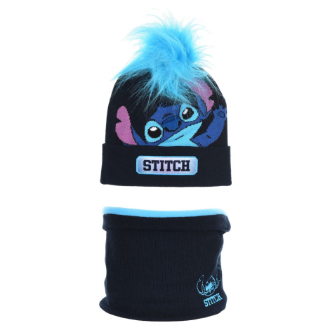 Tmavomodrý dievčenský set čiapky a nákrčníka Stitch