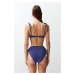 Trendyol Navy Blue Balconette Tie-Up Silvery High Waist Hipster Bikini Set
