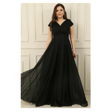 By Saygı Double Breasted Neck Lined Nail Sleeve Full Circle Flared Chiffon Tulle Plus Size Long 