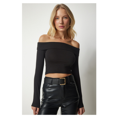 Happiness İstanbul Women's Black Layered Carmen Collar Knitted Crop Blouse