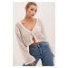 Bigdart 15852 Openwork/Holes Oversize Crop Cardigan - Stone