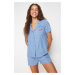 Trendyol Blue Cherry Embroidered Woven Pajamas Set