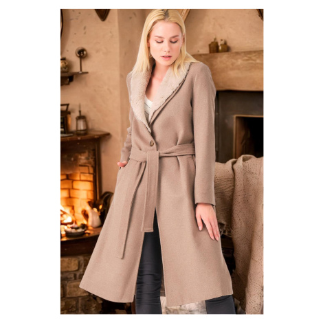 Kabát pre ženy DEWBERRY Z6671 - jednofarebný béžový
