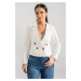 armonika Women's Ecru Double Breasted Collar Gabardine Crop Jacket