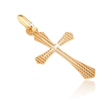 Zlatý prívesok 585 - štruktúrovaný kríž s rozšíreným ramenom a tenkým krížikom