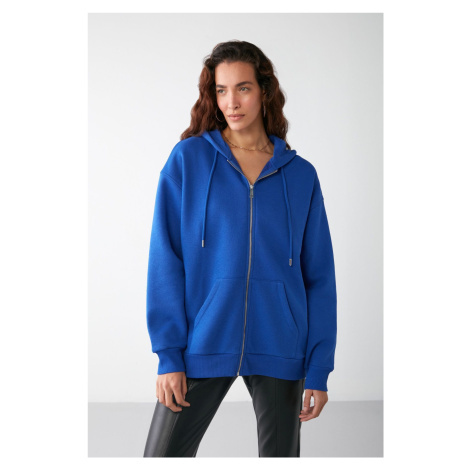 GRIMELANGE Alena Women's Basic Kangaroo Pocket Oversize Organic Cotton Zippered Hooded Saks Blue