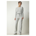 Happiness İstanbul Women's Light Gray Casual Ribbed Blouse Pants Suit